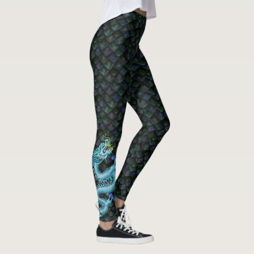 Small Blue Dragon on Blue Dragon Scales Leggings