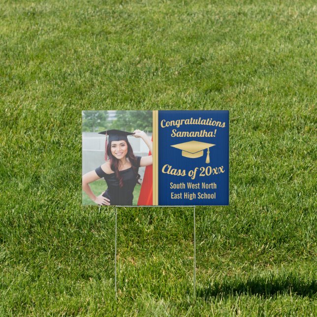 Small Blue Gold Graduation Photo Congratulations Sign (Insitu)