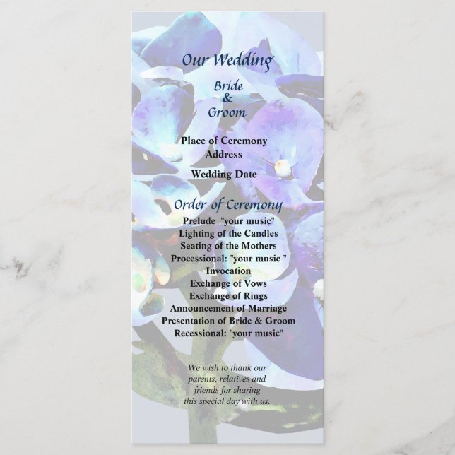 Small Blue Hydrangea Wedding Program (Front)