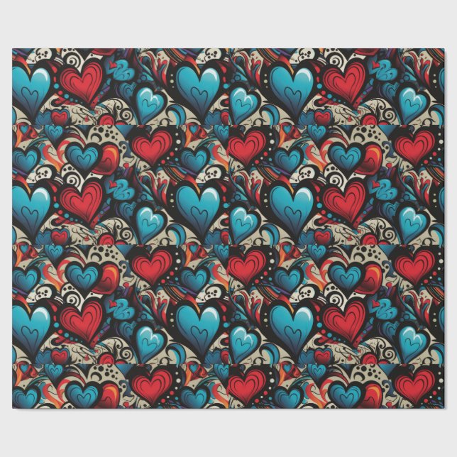 Small Blue Roses Tattoo Hearts Digital Theme Wrapping Paper (Seam)