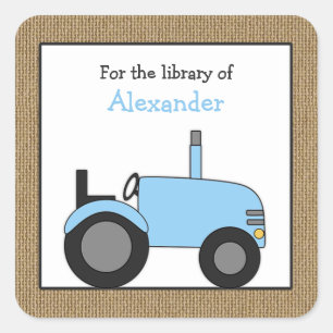 Small blue tractor library bookplate