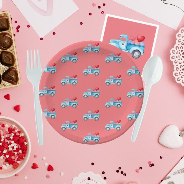 Small Blue Truck Valentine's Day Party Paper Plates (Creator Uploaded)