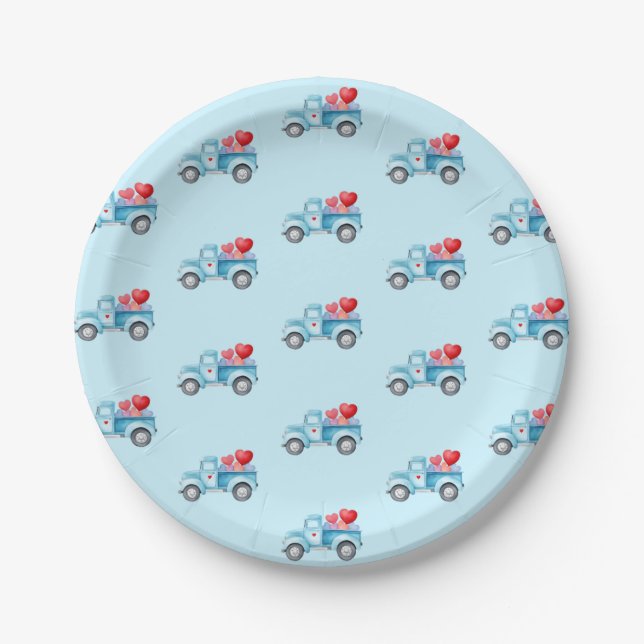 Small Blue Truck Valentine's Day Party Paper Plates (Front)