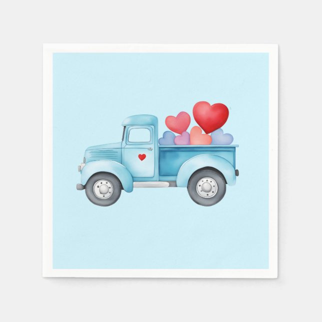 Small Blue Truck Valentine's Party Napkins (Front)