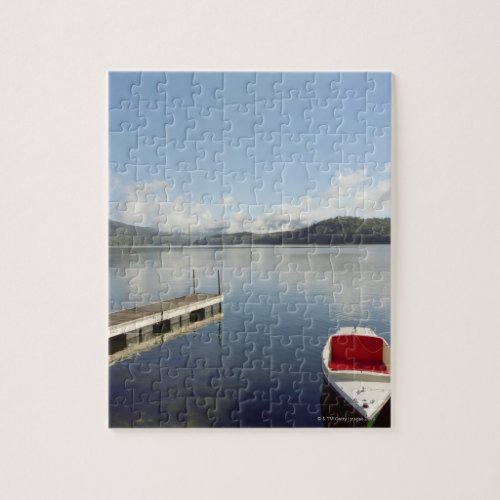 Small boat tied up on dock at Lake Placid Jigsaw Puzzle