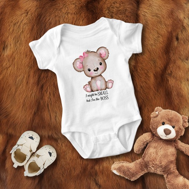 Small Boss Cute Baby Girl Teddy Bear Pink Bow Baby Bodysuit (Creator Uploaded)