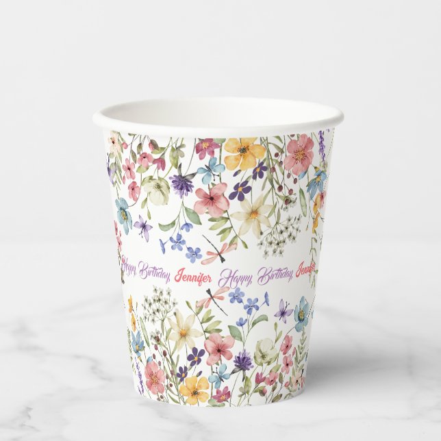 Small Bright Wildflowers Watercolor Birthday Paper Cups (Front)