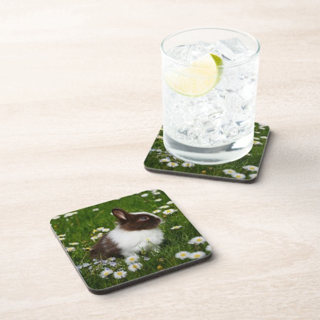 Small Brown and White Bunny in Flowers Beverage Coaster (Right Side)