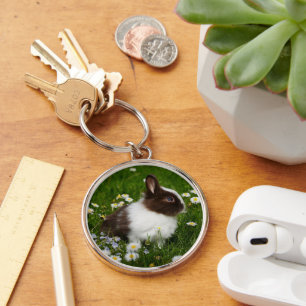 Small Brown and White Bunny in Flowers Keychain