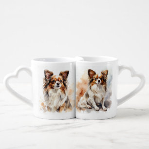 SMALL BROWN AND WHITE PAPILLON DOGS COFFEE MUG SET