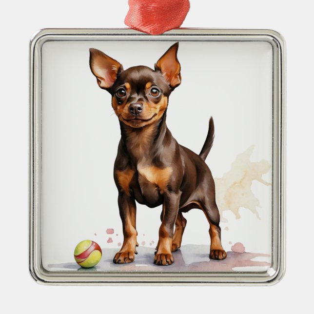 SMALL BROWN MINIATURE PINSCHER DOG METAL ORNAMENT (Front)