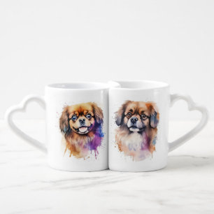 SMALL BROWN & WHITE TIBETAN SPANIEL DOGS COFFEE MUG SET