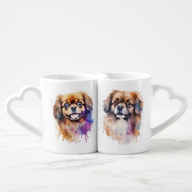 SMALL BROWN & WHITE TIBETAN SPANIEL DOGS COFFEE MUG SET (Front Nesting)