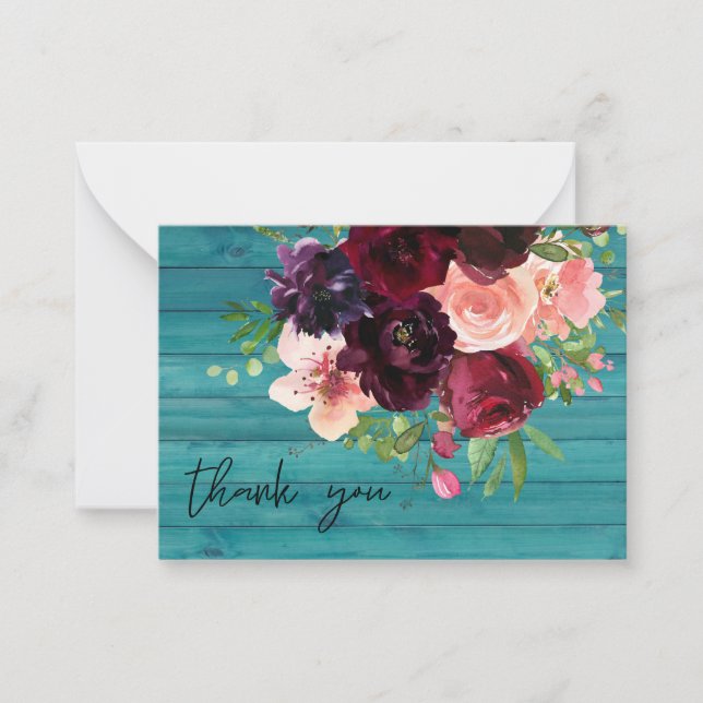 Small Burgundy & Pink Floral Blue Wood Thank You Note Card (Front)