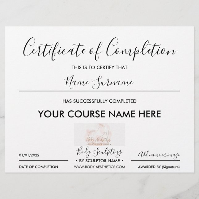 Small business certificate of completion (Front)