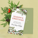 Small Business Christmas Festive Wreath Business Card<br><div class="desc">Festive watercolor winter greenery in large layout with bold "Season's Greetings" in red the business name in script overlaying white card. Add custom appreciation and year in the other side.</div>
