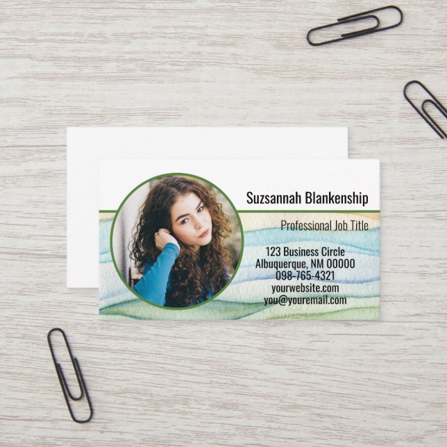 Small Business Custom Round Photo Watercolor Business Card (Front/Back In Situ)