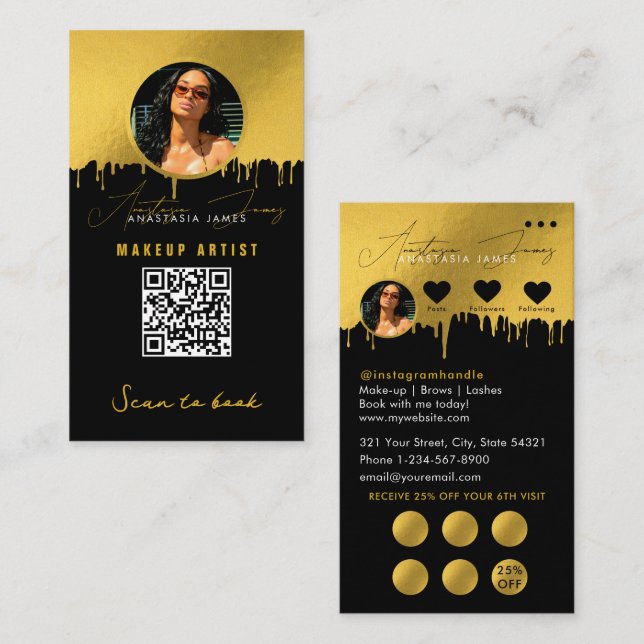 Small Business Discount Loyalty QR Code Black Gold Card (Front/Back)