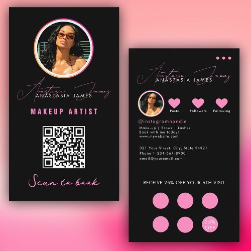 Small Business Discount Loyalty QR Code Black Pink Business Card