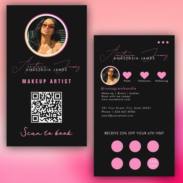 Small Business Discount Loyalty QR Code Black Pink Business Card (Small Business Discount Loyalty QR Code Black Pink Business Card)