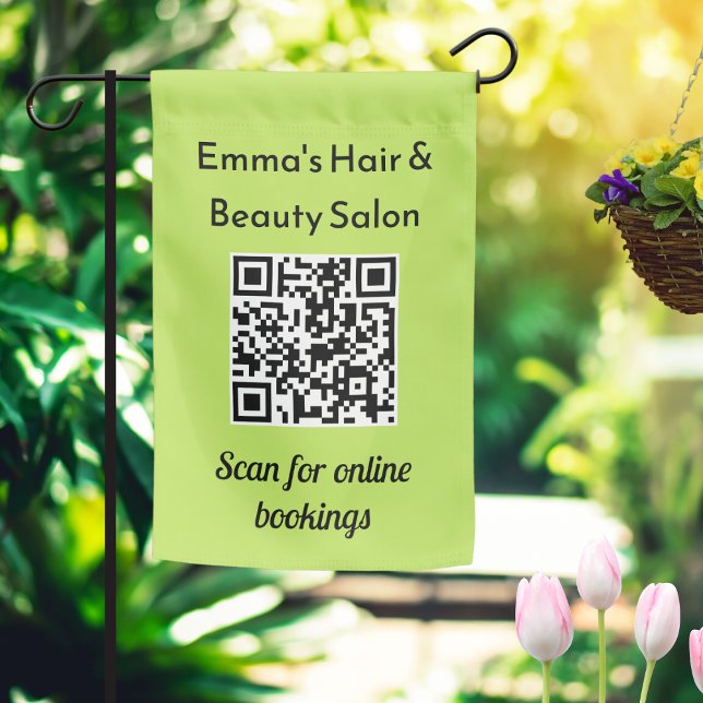 Small Business Hair Beauty Salon Custom QR Code Garden Flag (A customizable flag for outdoor use, with a QR code. Ideal for small business promotions.)