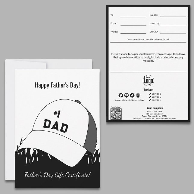 Small Business Happy Father's Day Gift Certificate (Small Business Happy Father's Day Gift Certificate, #1 Dad Cap, QR code, Personal Note)
