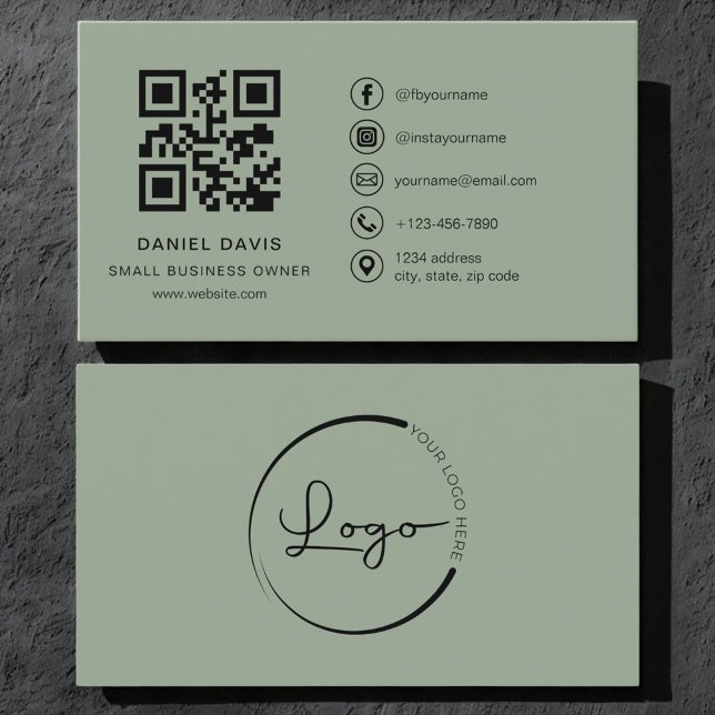 Small Business Owner Sage Green Logo QR Code  Business Card (Creator Uploaded)