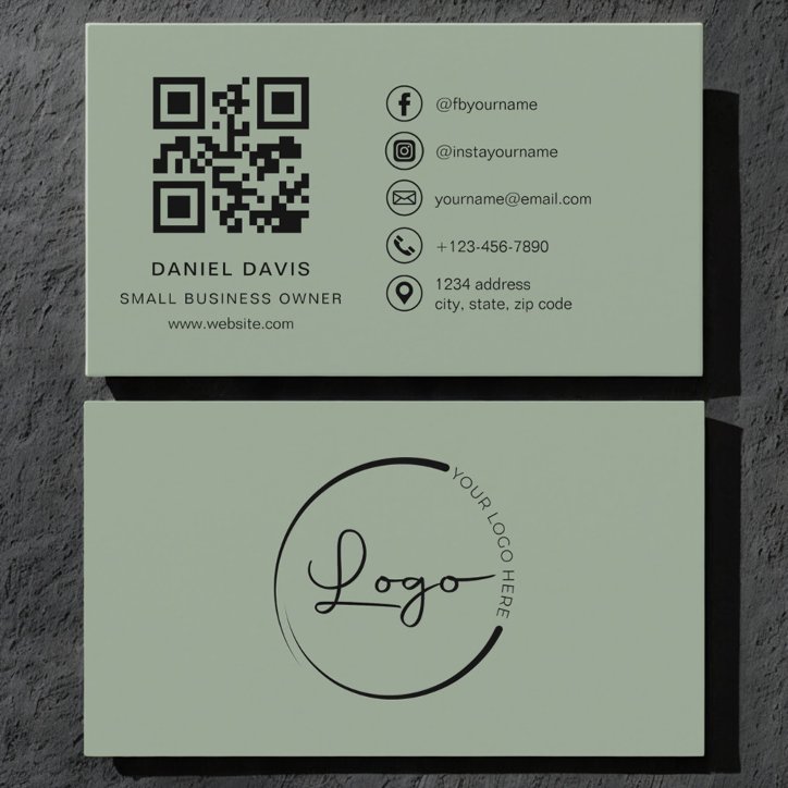 Small Business Owner Sage Green Logo QR Code Business Card