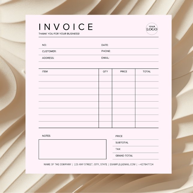 Small Business Pink Invoice Minimalist Receipt Notepad (Pink Invoice Custom Receipt for Small Business Elegant Minimalist Feminine )