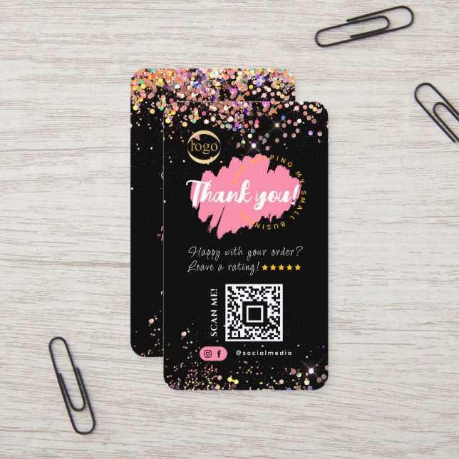 Small Business QR Code Logo ThankYou Glitter Black Card (Front/Back In Situ)