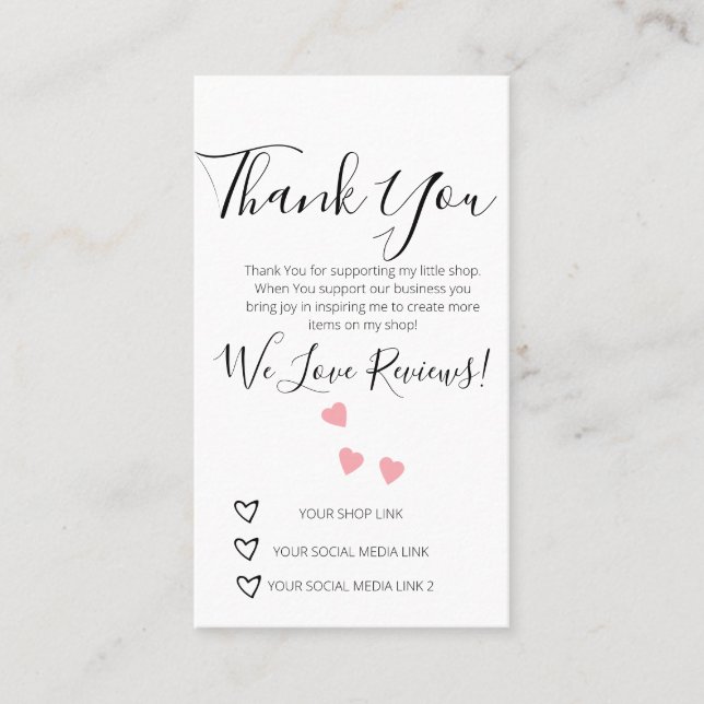 Small Business Thank You Shop Review Hearts  Busin Business Card (Front)