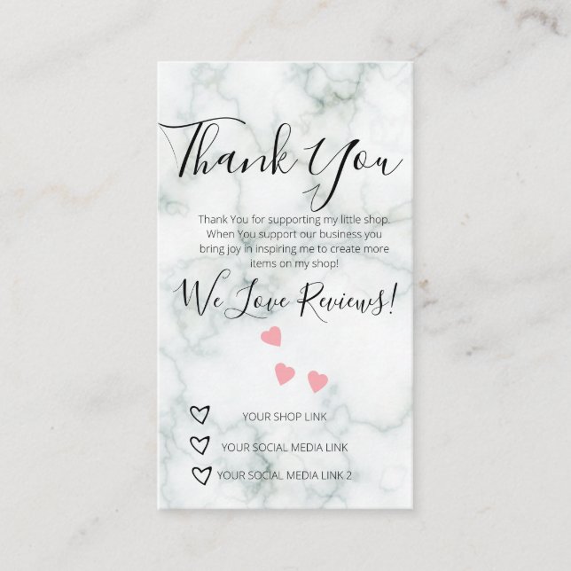 Small Business Thank You Shop Review Hearts Marble Card (Front)