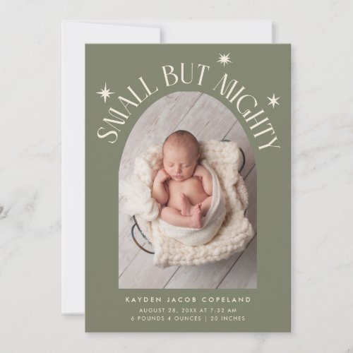 Small But Mighty Stars Sage Green Photo Birth  Announcement