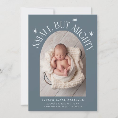Small But Mighty Stars Slate Blue Photo Birth  Announcement