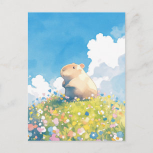 Small Capybara in Sunny Hillside Wildflower Meadow Postcard