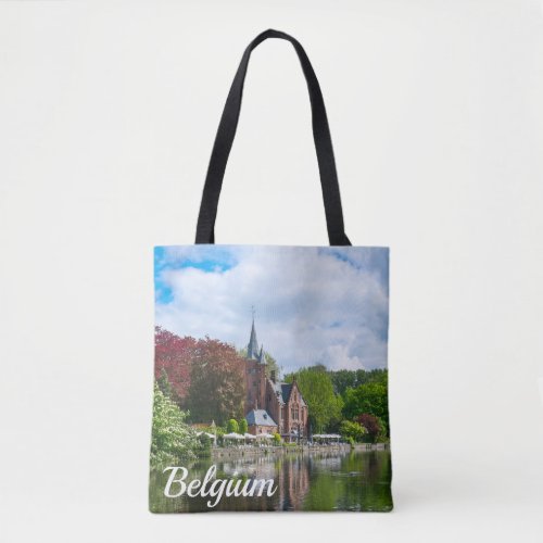 Small castle near lake in Bruges Belgium Tote Bag