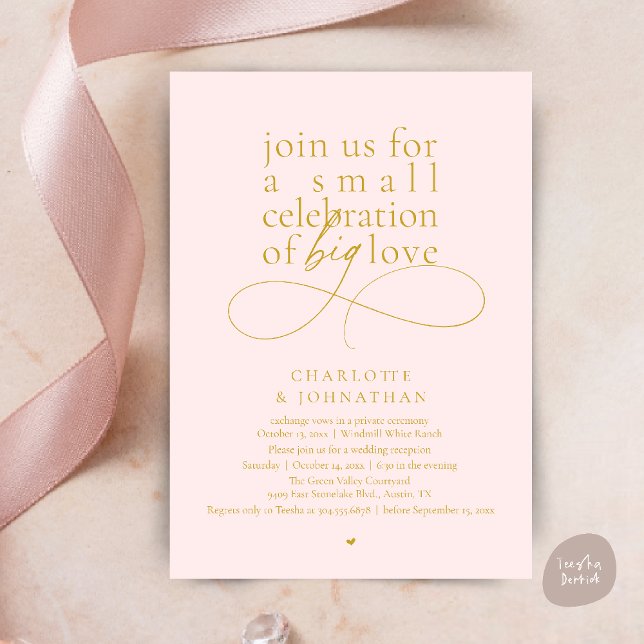 Small Celebration of Big Love, Elegant Minimalist  Invitation (Small Celebration of Big Love, Elegant Minimalist Wedding Reception Invitation Card in gold blush)