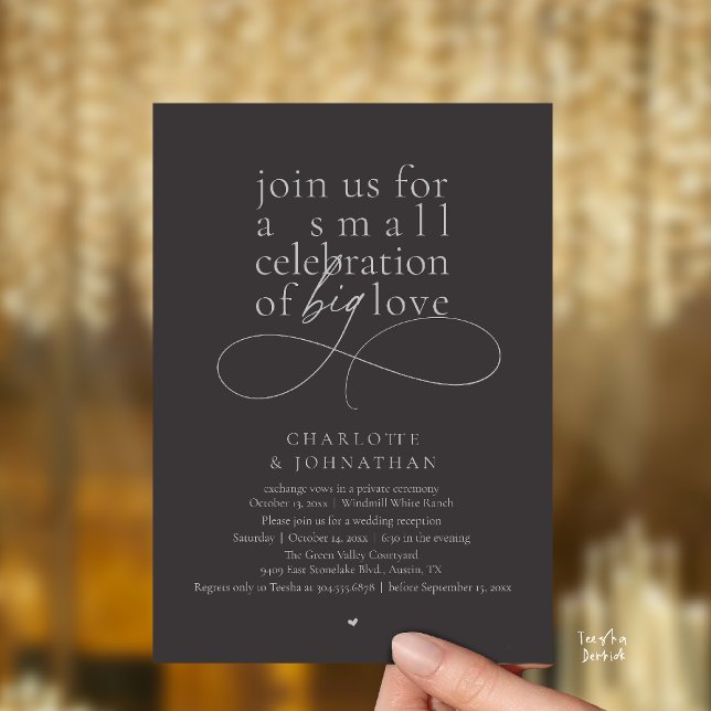 Small Celebration of Big Love, Elegant Minimalist  Invitation (Small Celebration of Big Love, Elegant Minimalist Wedding Reception invites Card in charcoal silver)