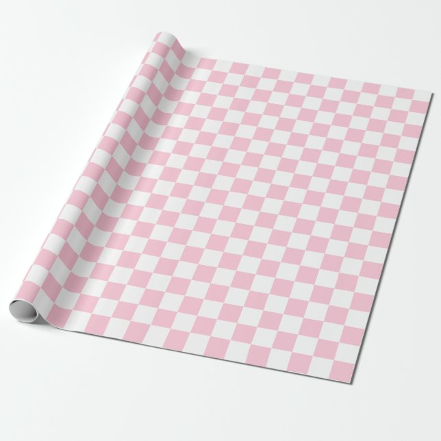 Small Checkers Cotton Candy Pink White Checkered   Wrapping Paper (Unrolled)