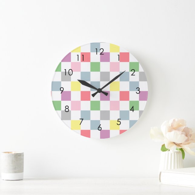 Small Checkers Pastel Colors White Checkered    Large Clock (Home)