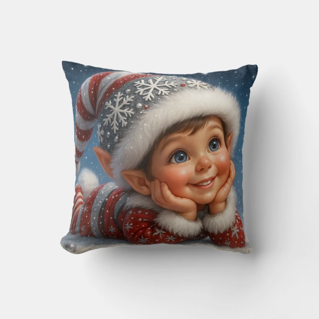 Small Christmas Elf in Glitzer Snow Throw Pillow (Front)
