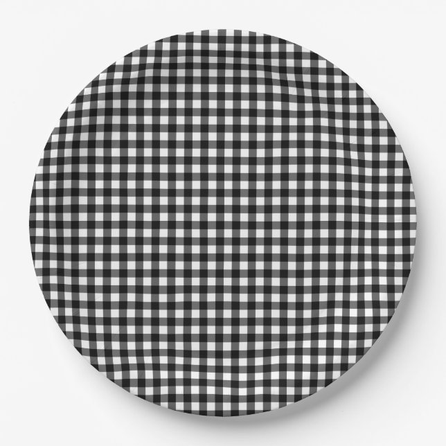 Small Classic Gingham Check Plaid Pattern Black   Paper Plates (Front)