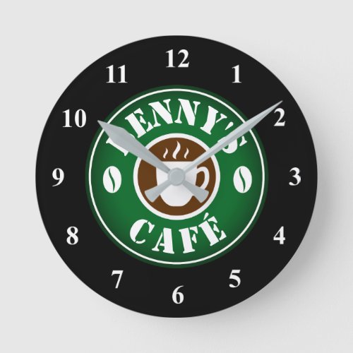 Small coffee shop wall clock with custom name
