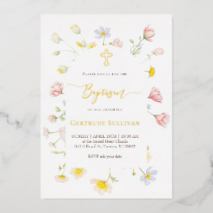 small colorful flowers Baptism Foil Invitation