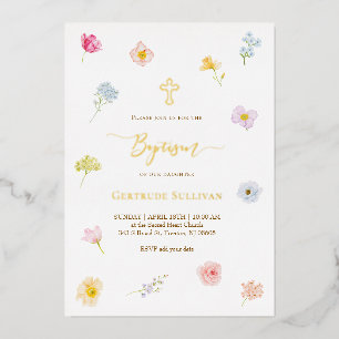 small colorful flowers Baptism Foil Invitation