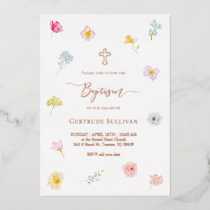 small colorful flowers Baptism Foil Invitation