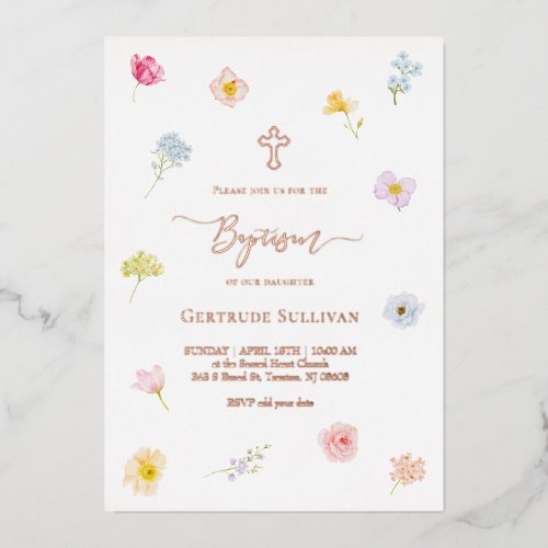 small colorful flowers Baptism Foil Invitation