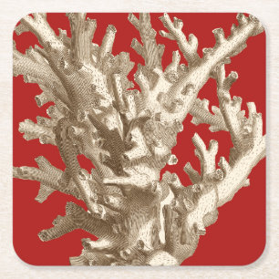 Small Coral in Red Square Paper Coaster