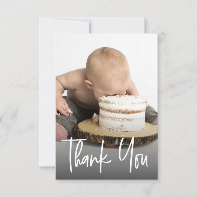 Small Custom photo handlettering First birthday Thank You Card (Front)