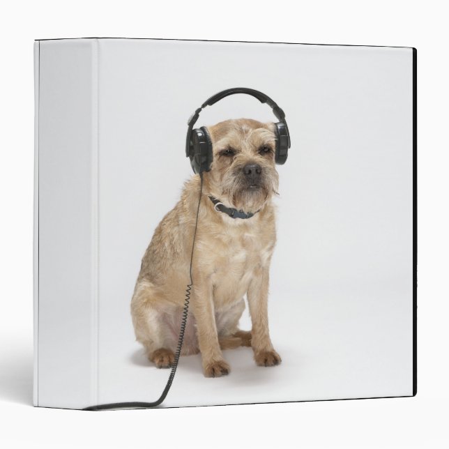 Small dog wearing headphones 3 ring binder (Front/Spine)